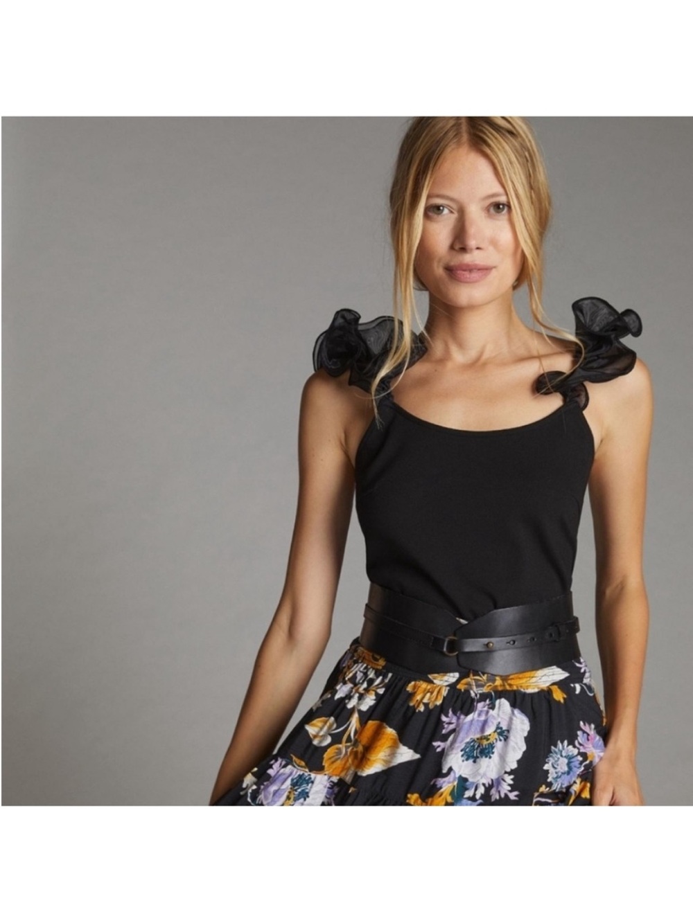 Anthropologie Flat White Black Ruffle-Shoulder Tank Top M L GNO dressy